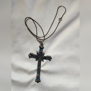 Silver Cross Pendant Necklace with Turquoise Accents